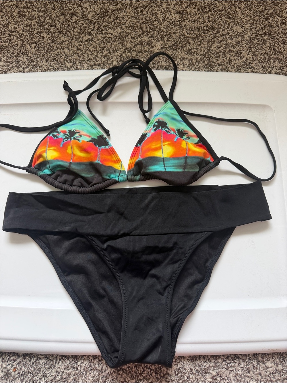 Victoria's Secret Tropical Sunset Triangle Bikini in Black and Multicolor